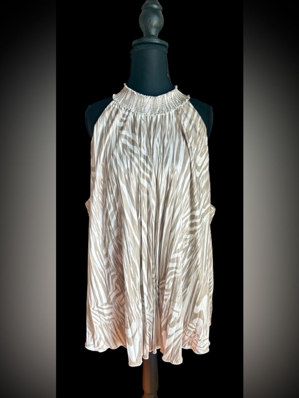 The Limited Sleeveless Smocked Halter Top in Neutral Zebra Print, 2X